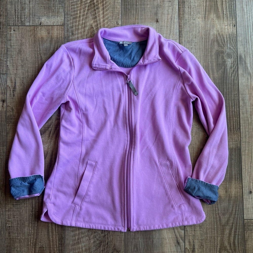 T by Talbots purple full-zip layering shirt mock neck pockets split-hem sleeves